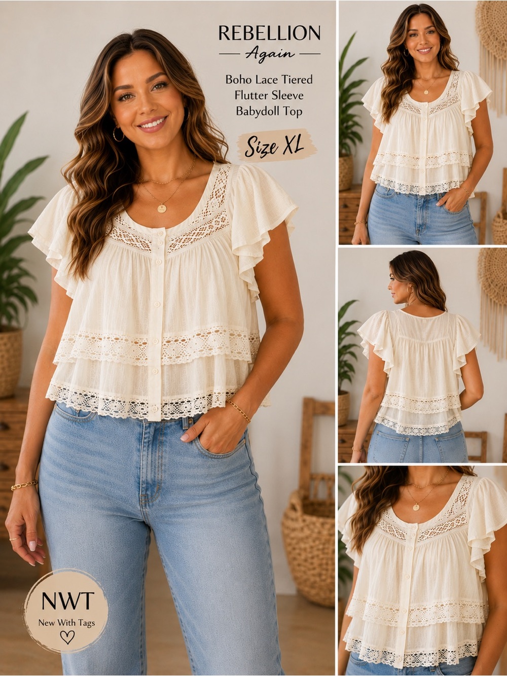 Rebellion Again Boho White Lace Tiered Flutter Sleeve Babydoll Blouse Top XL